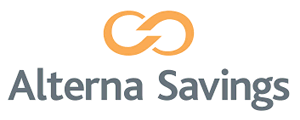 Alterna Savings logo with an orange infinity symbol above the company name in grey text.