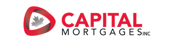 Logo for Capital Mortgages featuring a stylized red triangle with a silver maple leaf inside, next to the company name in red and black text.