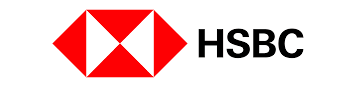 HSBC logo featuring a red hexagon emblem with white triangles and black "HSBC" text on the right.