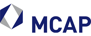 MCAP logo featuring a geometric, folded paper design in blue and grey, positioned to the left of the bold blue letters "MCAP" on a white background.