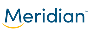 The Meridian logo features the word "Meridian" in blue text with a yellow curved line below the "M" resembling a partial sun.