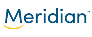 The Meridian logo features the word "Meridian" in blue text with a yellow curved line below the "M" resembling a partial sun.