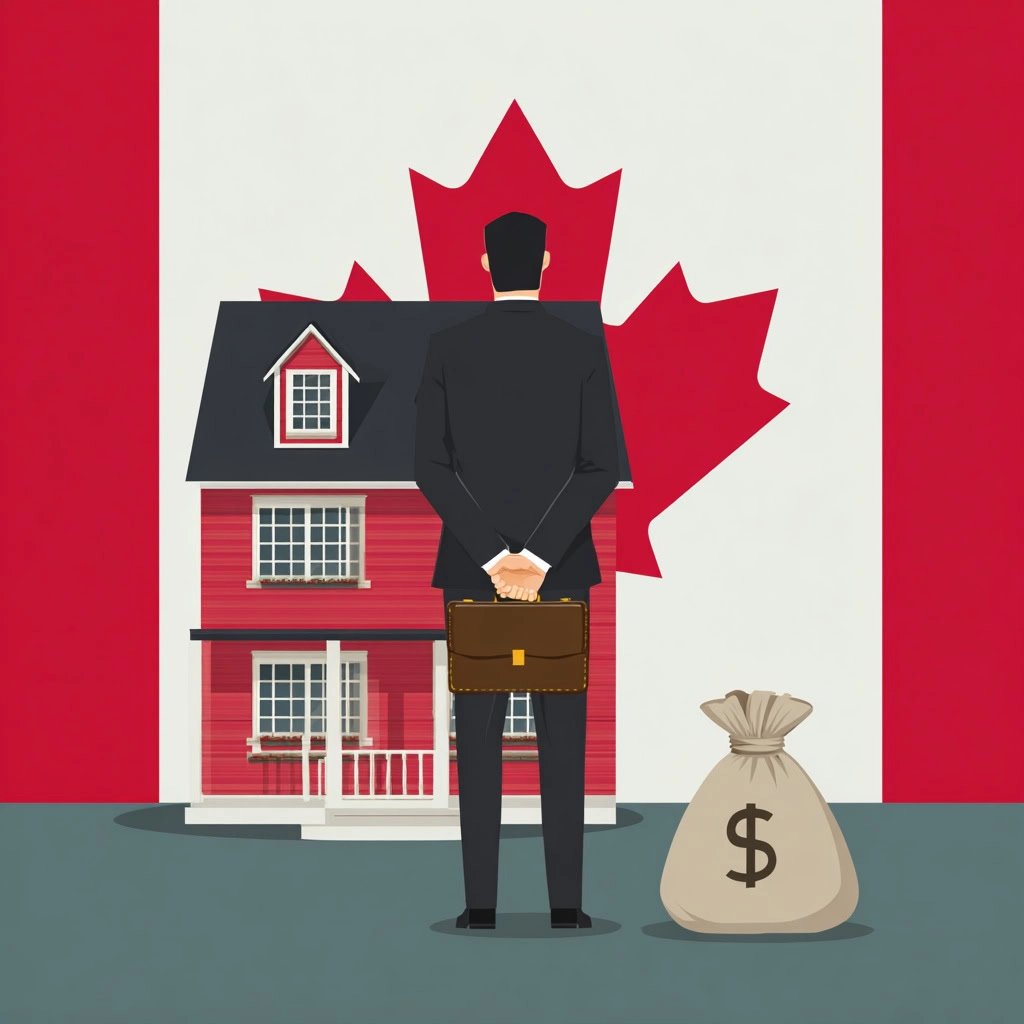 A man in a suit stands with a briefcase in front of a red house and a money bag, with a large Canadian flag in the background, highlighting the issue of mortgage fraud Canada faces today.