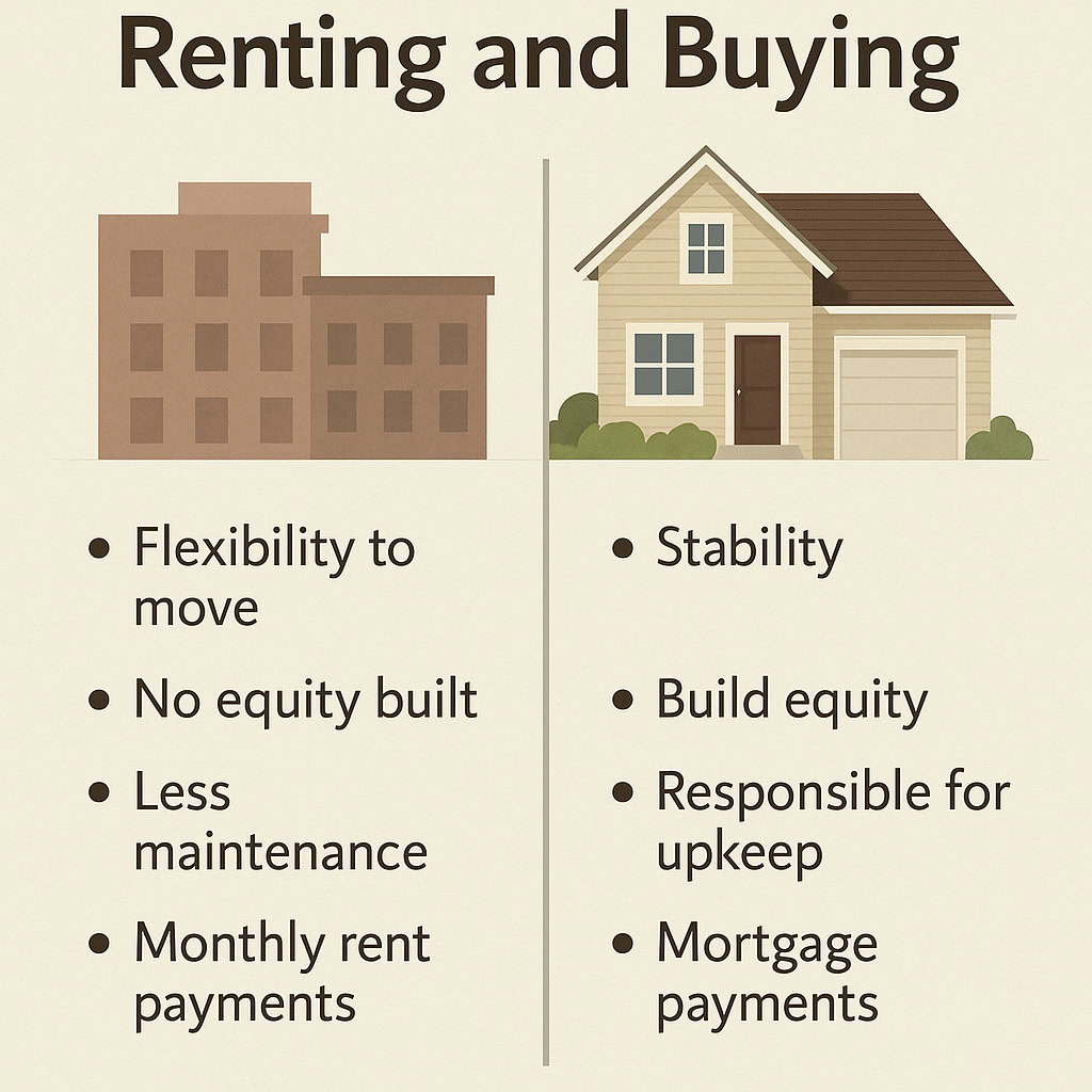 A comparison chart highlights the pros of renting and buying a home—flexibility, less maintenance, and rent payments for renting; stability, equity, and mortgage payments for buying.