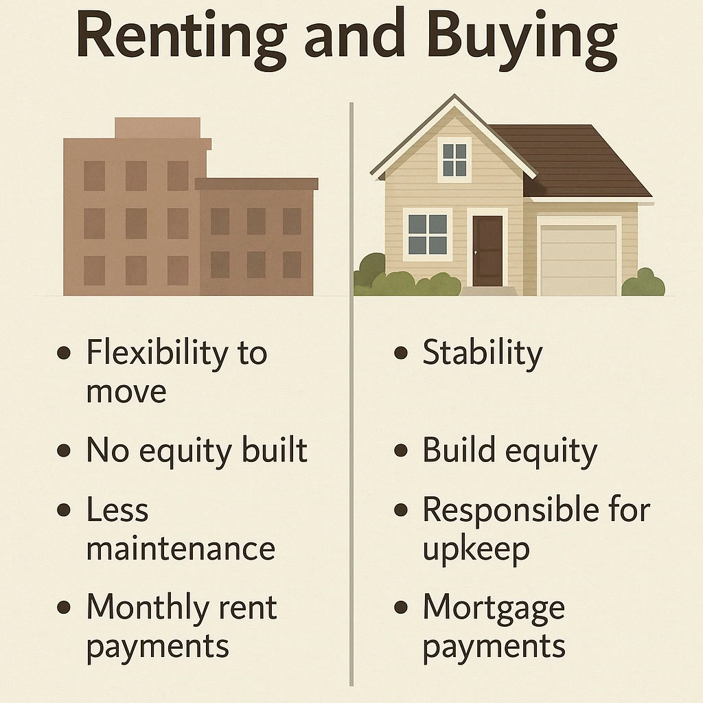 A comparison chart highlights the pros of renting and buying a home—flexibility, less maintenance, and rent payments for renting; stability, equity, and mortgage payments for buying.