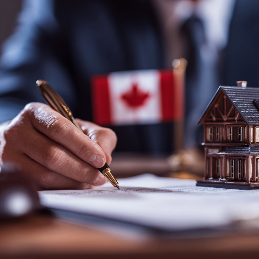 Person signing documents at a desk with a small model house and a Canadian flag in the background, suggesting a real estate or legal transaction in Canada.