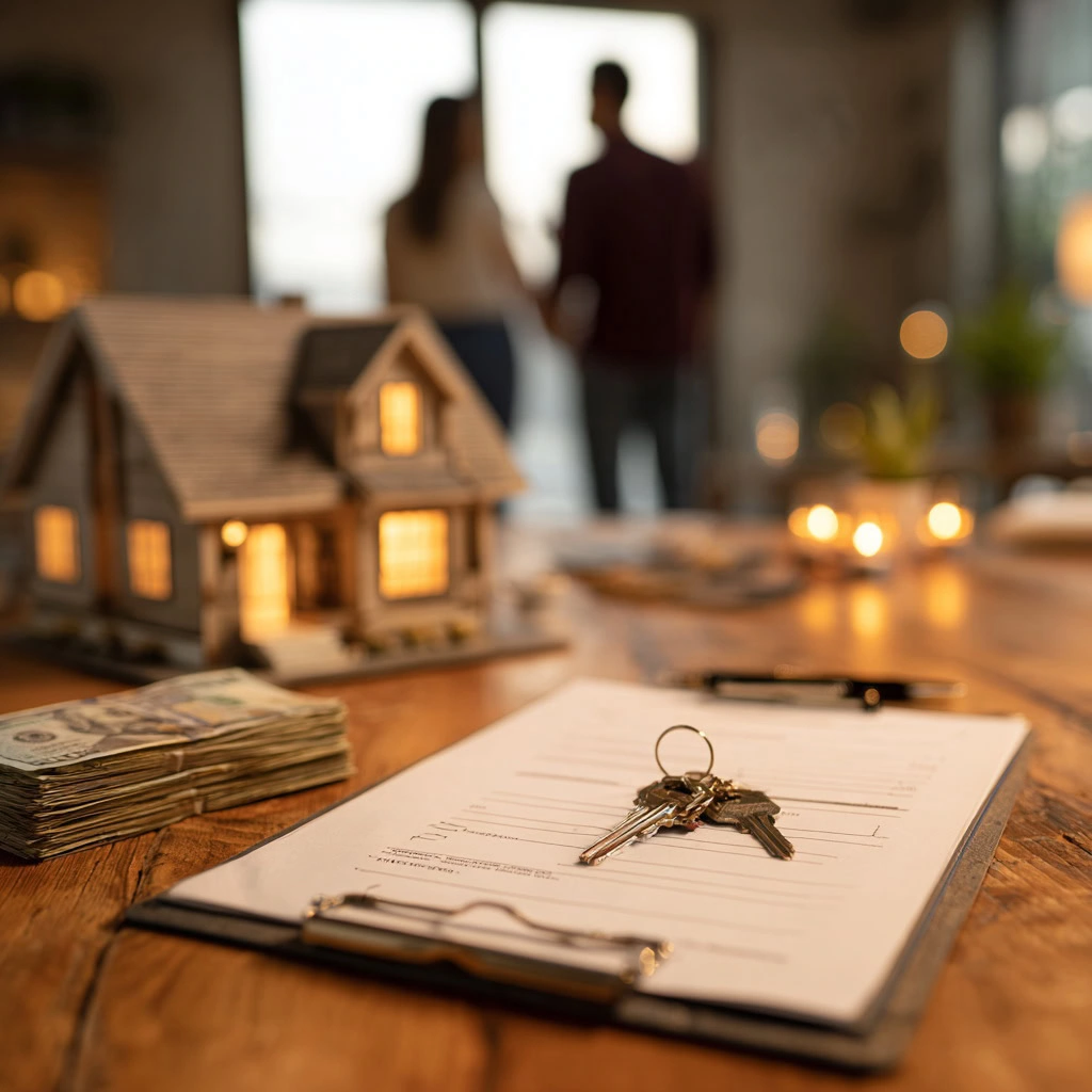 A clipboard with a contract, keys, and cash sits on a table, with a model house in the background and two people standing by a window.