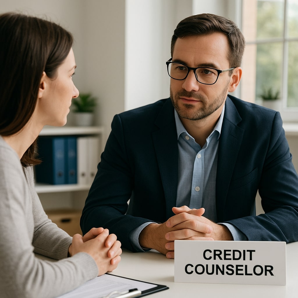 A man wearing glasses and a suit, identified by a "Credit Counselor" sign, talks with a woman in an office setting, suggesting she may have searched for a credit counselor near me.