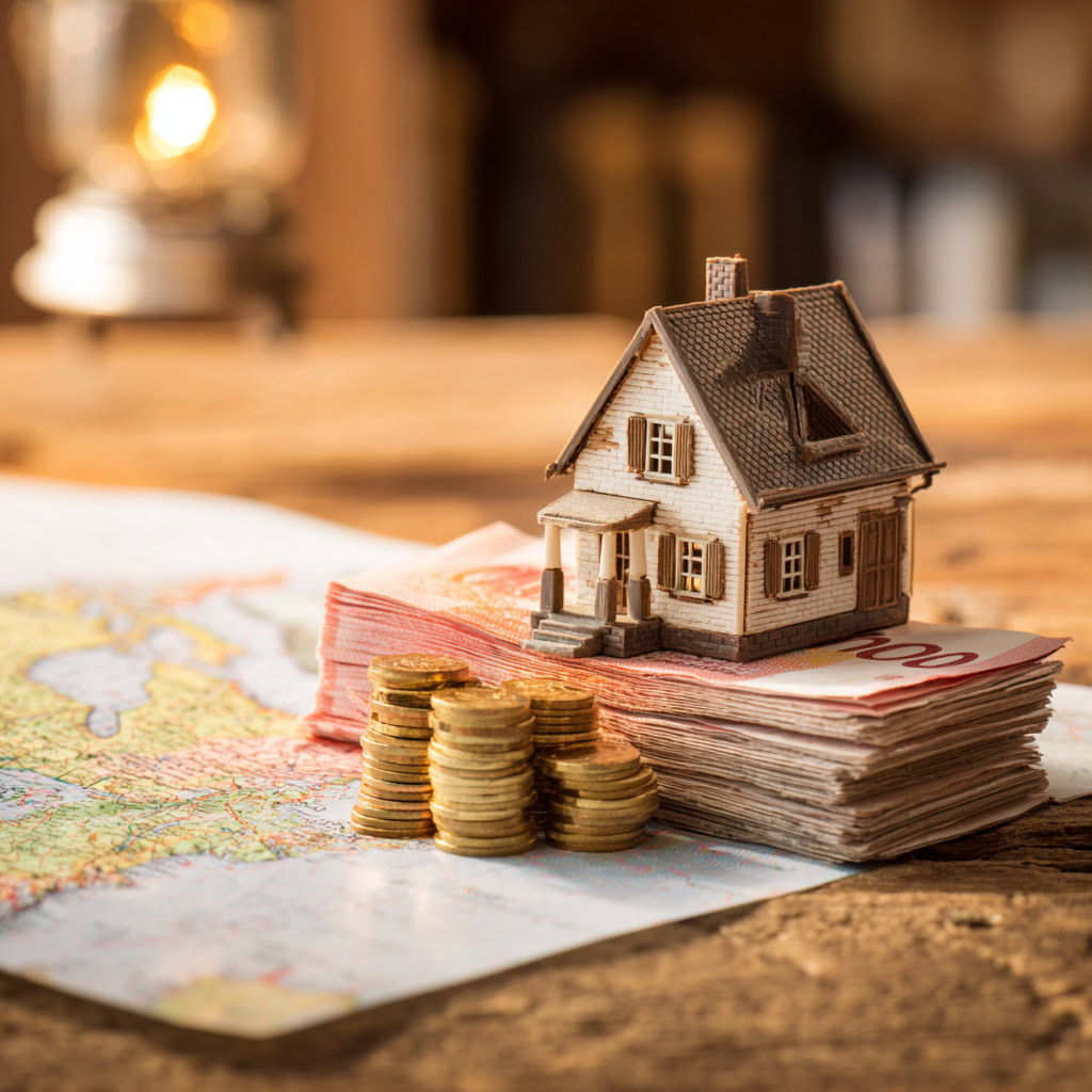 A small model house sits on a stack of euro banknotes and coins atop a map, symbolizing real estate investment or property value—and highlighting concerns like mortgage fraud Canada faces.