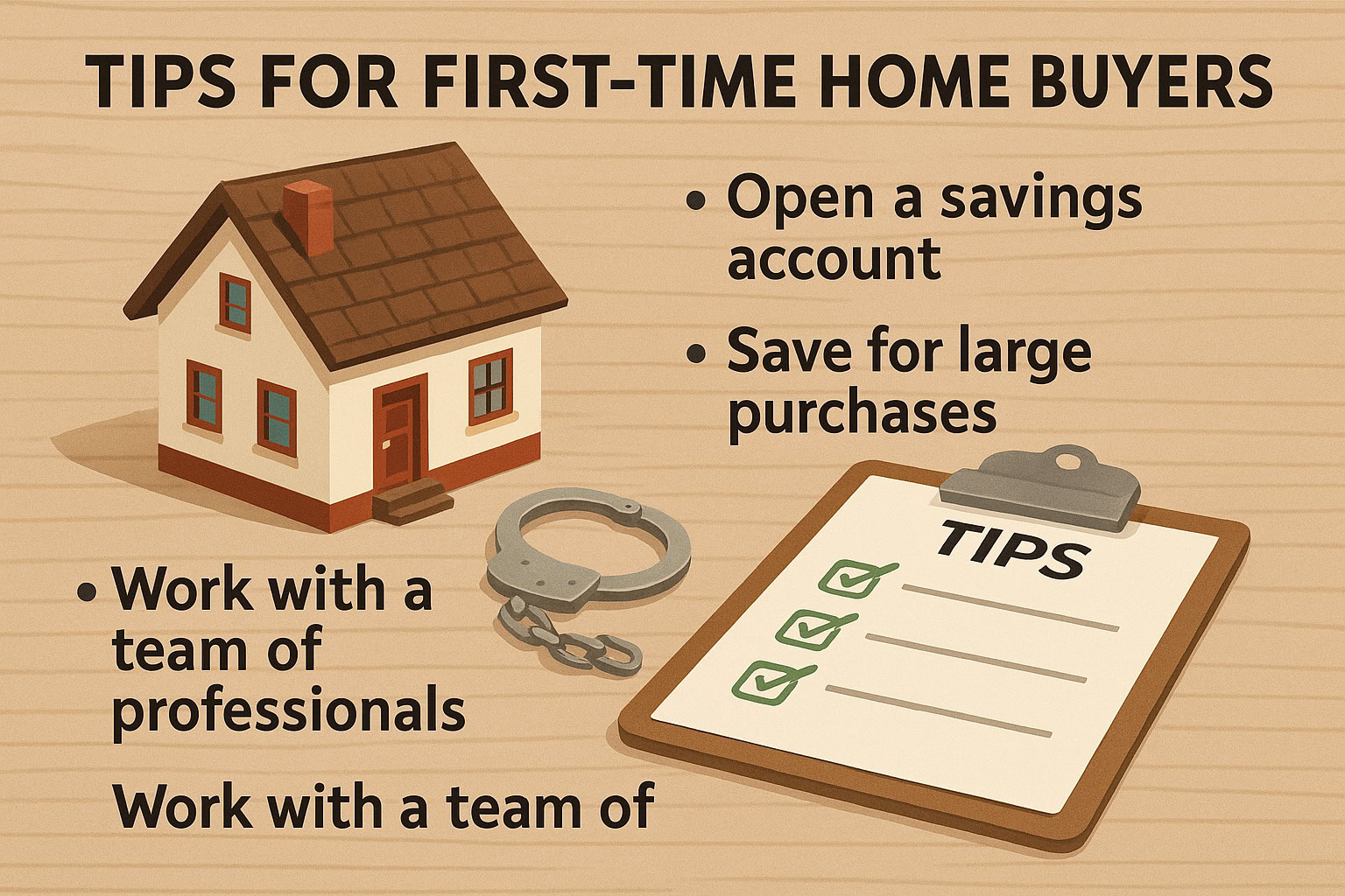 Illustration featuring tips for first time home buyers: a house, handcuffs, and a checklist with advice on saving money and working with professionals.