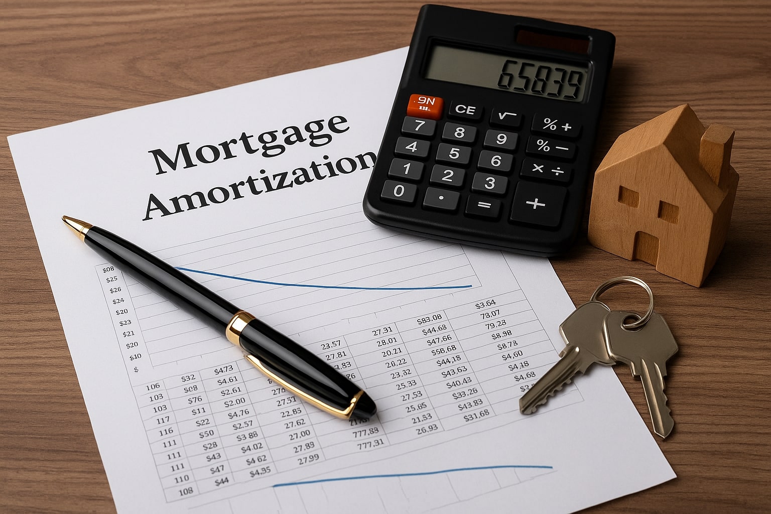 A mortgage amortization document, a calculator displaying numbers, a pen, house keys, and a small wooden house model are arranged on a wooden desk, illustrating the essentials of Mortgage Amortization planning.