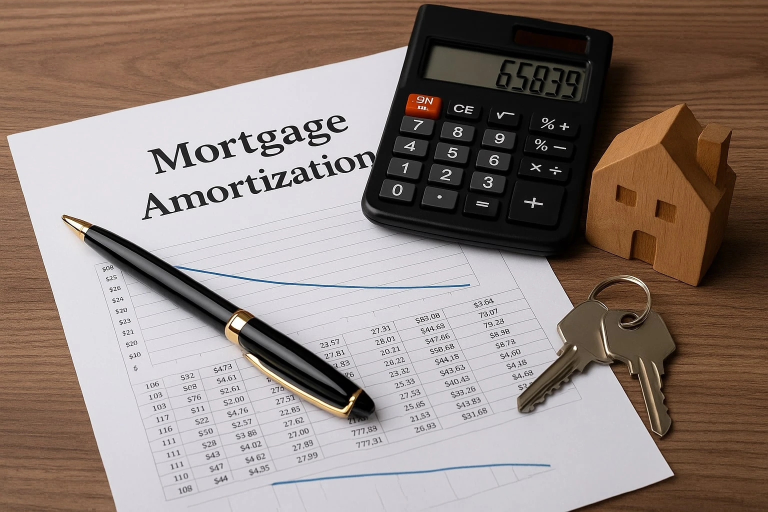 A mortgage amortization document, a calculator displaying numbers, a pen, house keys, and a small wooden house model are arranged on a wooden desk, illustrating the essentials of Mortgage Amortization planning.