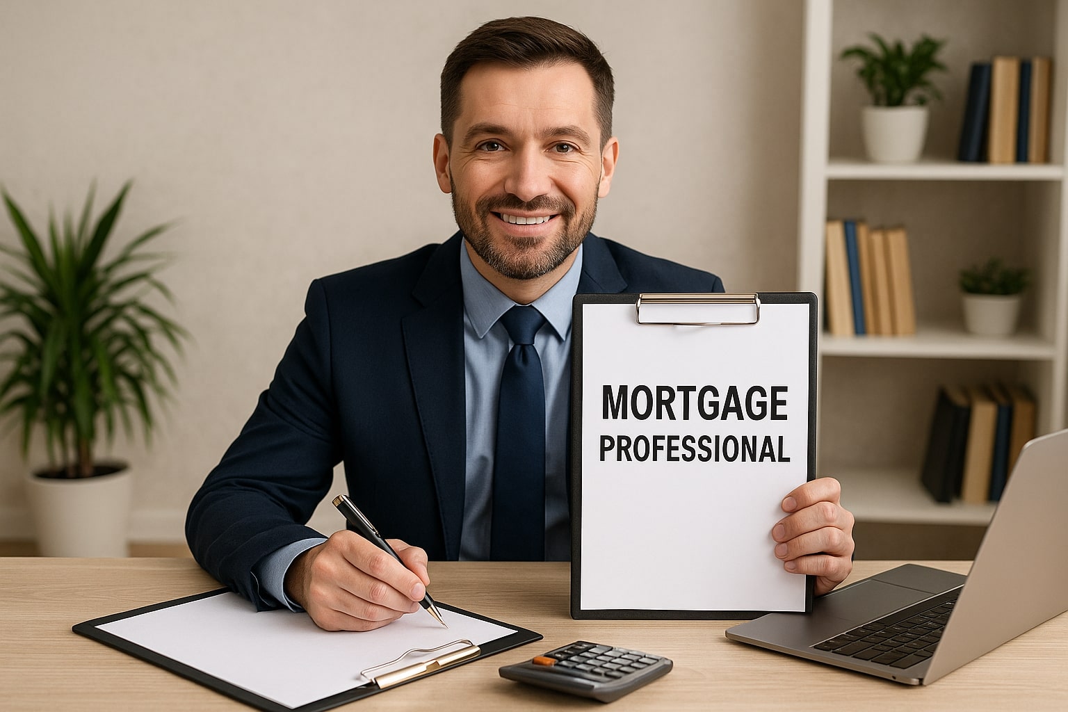 A Mortgage Professional in a suit sits at a desk with documents, a laptop, and a calculator, holding a clipboard labeled "Mortgage Professional" and smiling confidently at the camera.