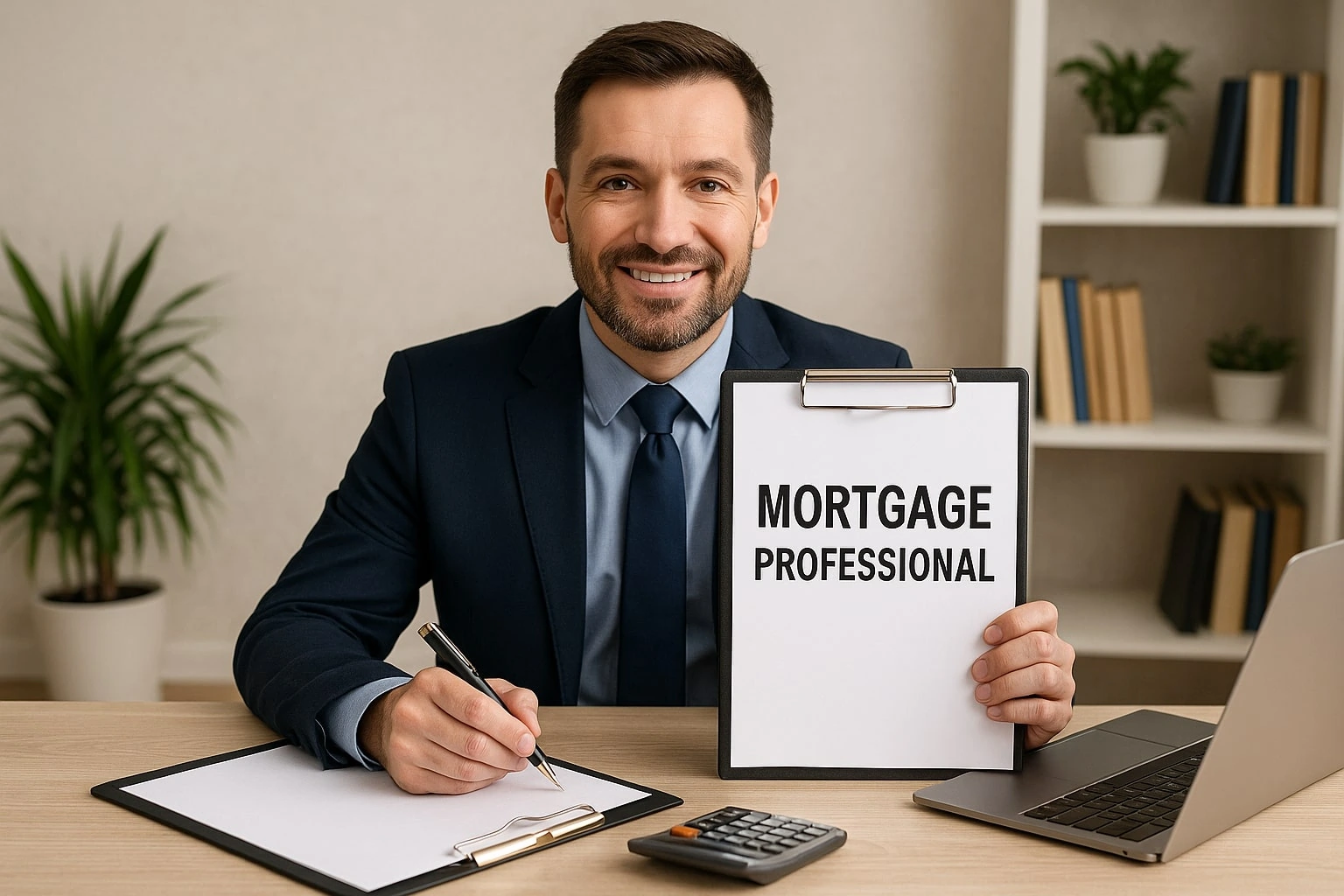 A Mortgage Professional in a suit sits at a desk with documents, a laptop, and a calculator, holding a clipboard labeled "Mortgage Professional" and smiling confidently at the camera.