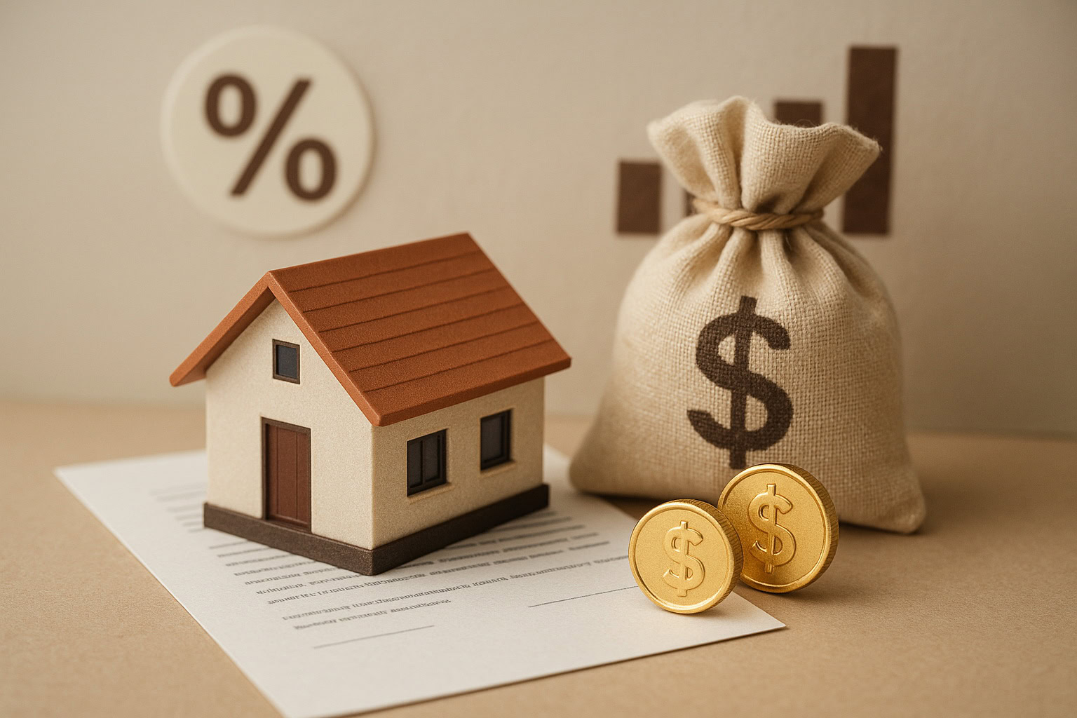 A small model house, a contract, a money bag with a dollar sign, and two gold coins are arranged on a table, highlighting No-Frills-Mortgage options with financial symbols in the background.