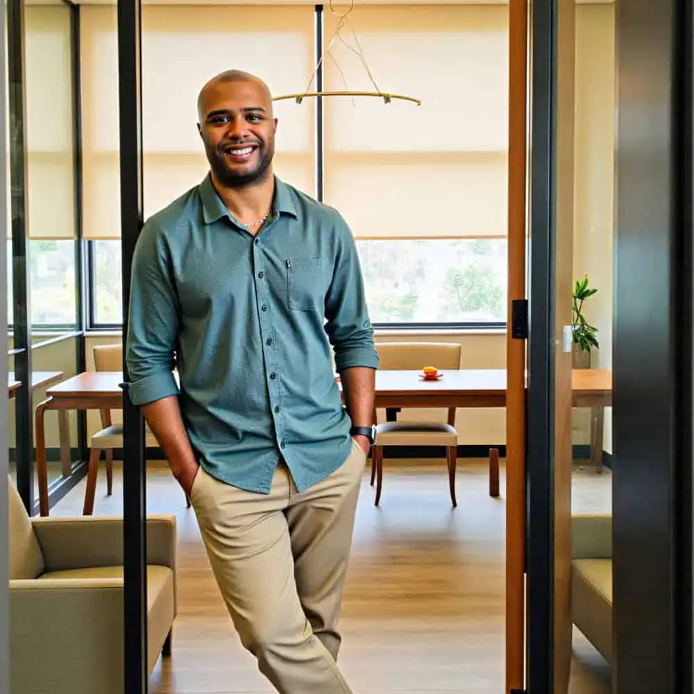 A mortgage broker in Ottawa, dressed in a green shirt and beige pants, stands in the doorway of a modern office with seating, a table, and large windows in the background.
