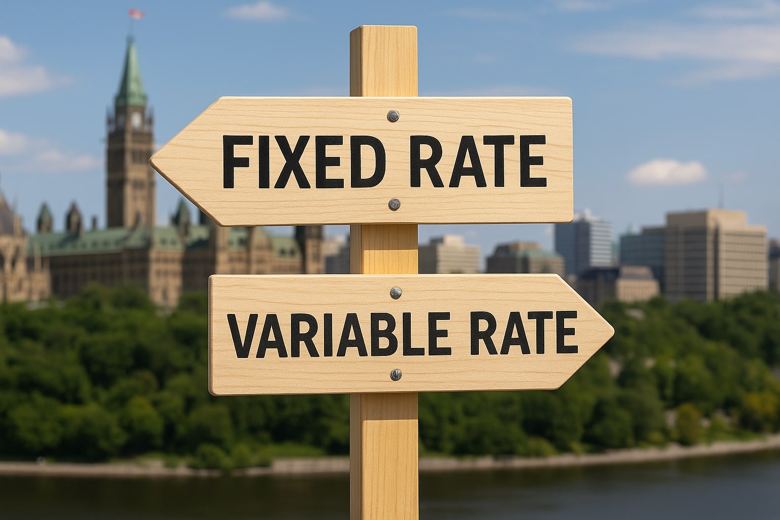 Two wooden signs point in opposite directions labeled "Fixed Rate" and "Variable Rate," with a cityscape and greenery in the background, highlighting the choice between fixed rate vs variable rate options.