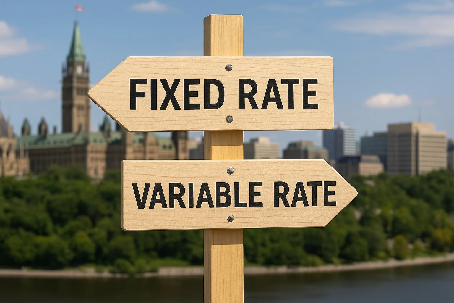 Two wooden signs point in opposite directions labeled "Fixed Rate" and "Variable Rate," with a cityscape and greenery in the background, highlighting the choice between fixed rate vs variable rate options.
