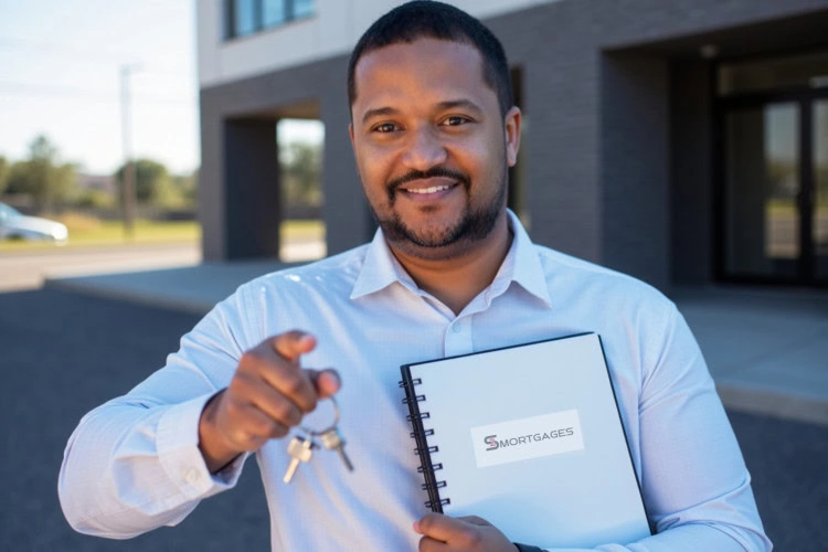 A man in a white shirt stands outside a building, smiling and holding house keys in one hand and a folder labeled "S Mortgages" in the other, celebrating his success with mortgage-financing.