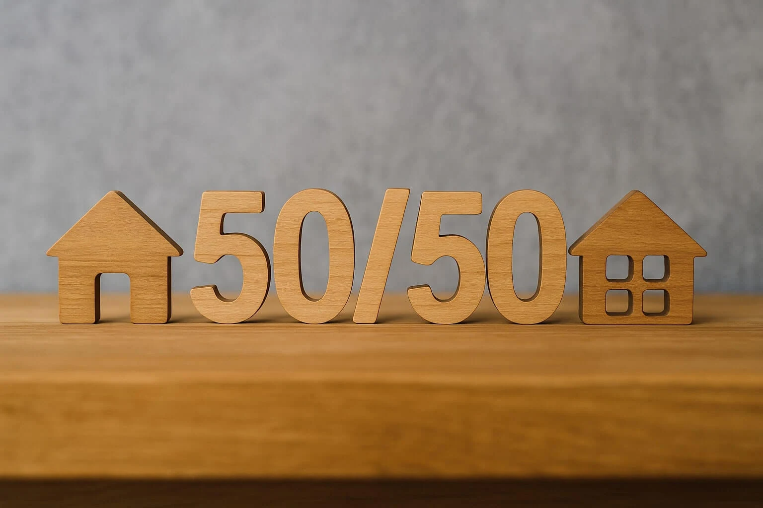 Wooden figures of a house, the numbers "50/50," and another house on a wooden surface, symbolizing equal property division in a 5050 Mortgage arrangement.