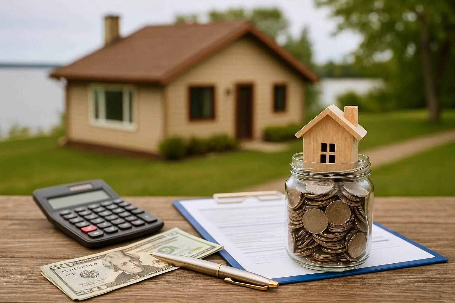 A jar of coins with a small wooden house, a calculator, cash, and documents on a table outdoors suggests how home equity can be managed or invested, with a real house and green lawn in the background.