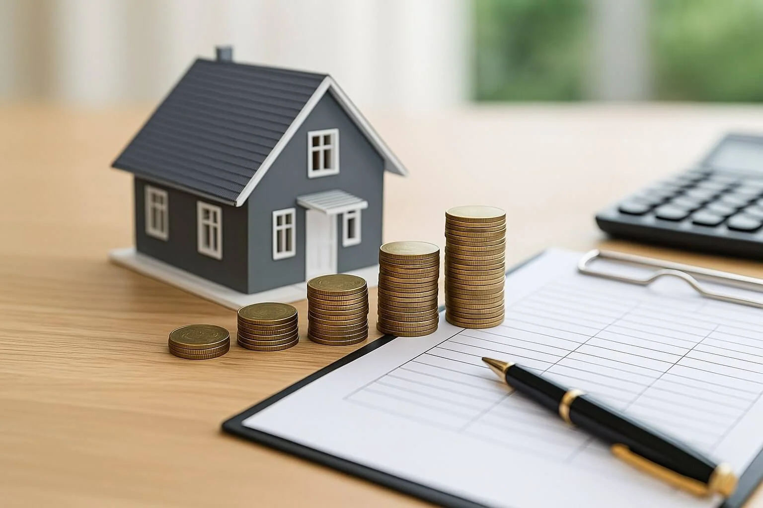 A model house, stacked coins, a clipboard with paper, a pen, and a calculator are arranged on a wooden desk, symbolizing Home-Equity planning and financial organization.