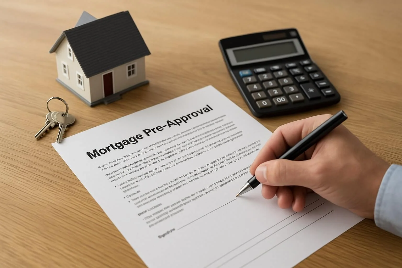A person signs a mortgage pre-approval form on a desk, surrounded by a house model, keys, and a calculator.