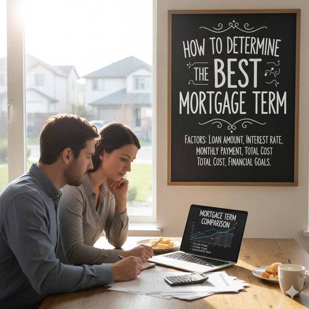 A couple reviews mortgage terms on a laptop at a table, with a chalkboard behind them showing tips for determining the best mortgage term.