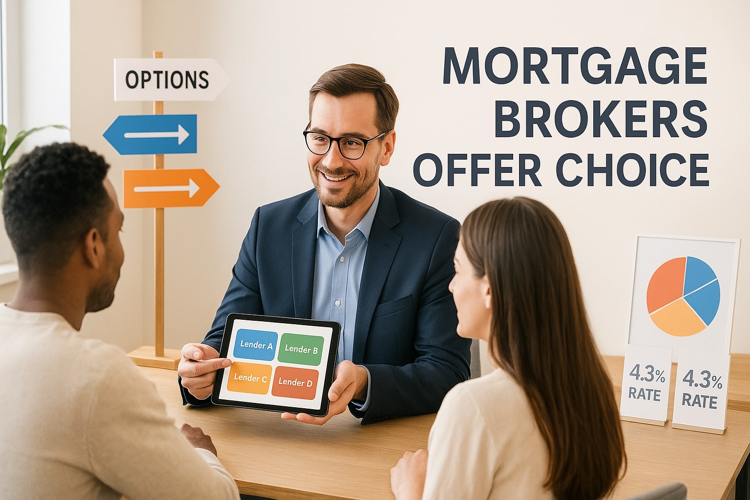 A mortgage broker shows lender options on a tablet to two clients, with signs, charts, and "MORTGAGE BROKERS OFFER CHOICE" text in the background, highlighting how mortgage brokers help clients compare and choose the best deal.