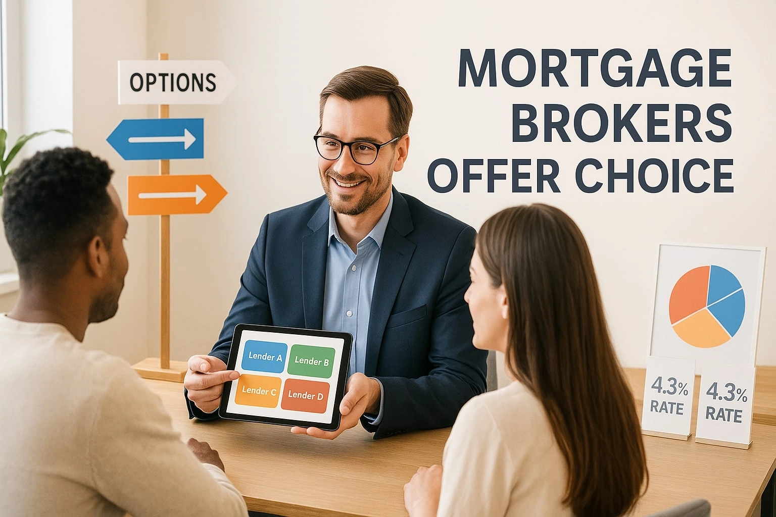 A mortgage broker shows lender options on a tablet to two clients, with signs, charts, and "MORTGAGE BROKERS OFFER CHOICE" text in the background, highlighting how mortgage brokers help clients compare and choose the best deal.
