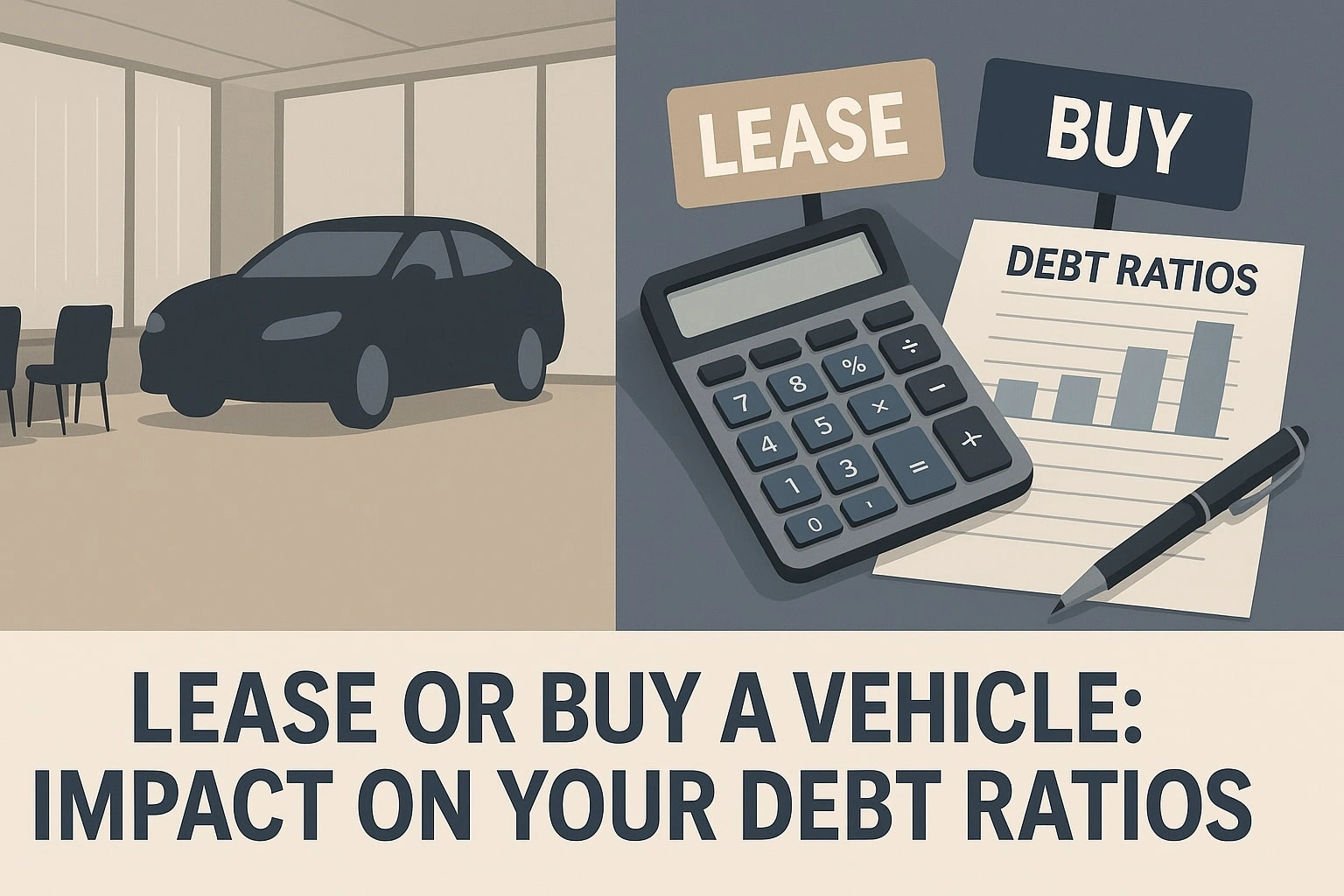 Illustration shows the decision to lease or buy a vehicle, featuring a car, calculator, and charts labeled "Debt Ratios," with the text "Lease or Buy a Vehicle: Impact on Your Debt Ratios.