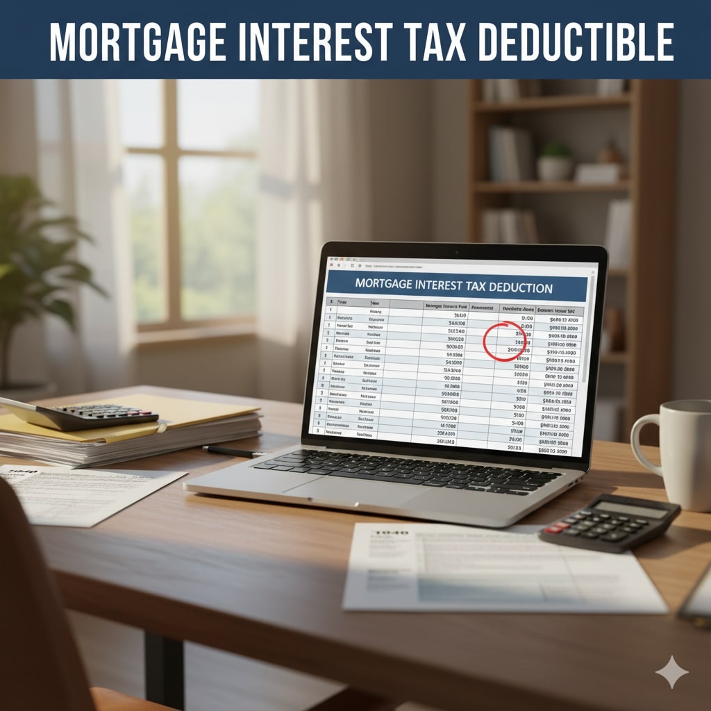 A laptop on a desk displays a spreadsheet titled "Mortgage Interest Tax Deduction," surrounded by documents, calculator, pen, and a potted plant, illustrating how mortgage interest can be tax deductible.