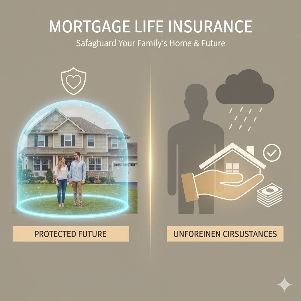 A split image shows a family under a dome labeled "Protected Future" and a hand shielding a house from rain labeled "Unforeseen Circumstances," illustrating how Mortgage Life Insurance safeguards your loved ones and your home.
