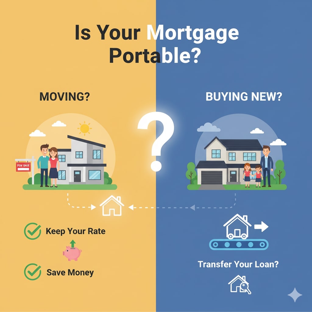 Split image asks, "Is Your Mortgage Portable?"—showing a move between homes, with options to keep your rate, save money, or transfer your mortgage portable loan when buying your next house.