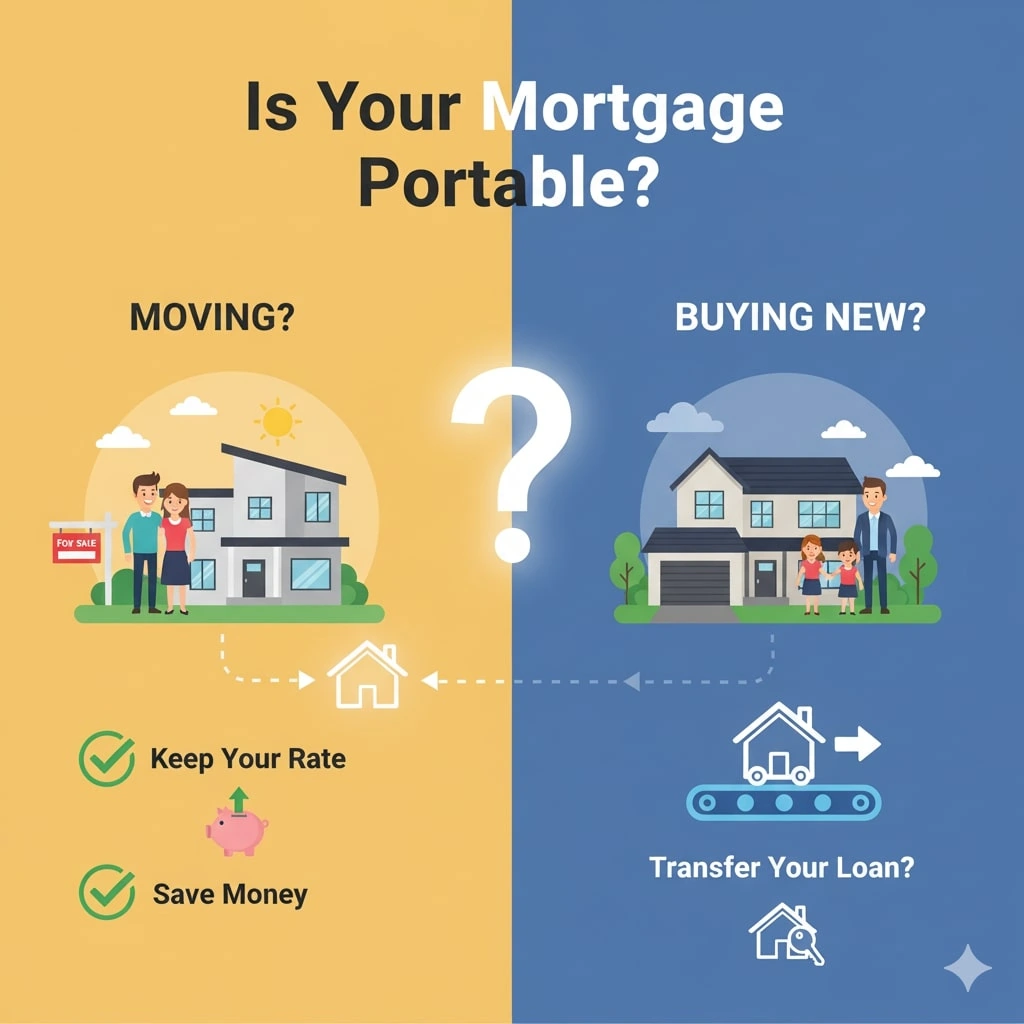 Split image asks, "Is Your Mortgage Portable?"—showing a move between homes, with options to keep your rate, save money, or transfer your mortgage portable loan when buying your next house.