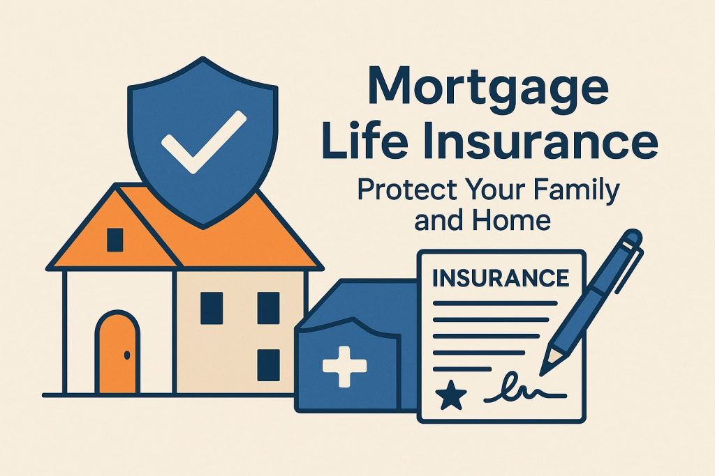 Illustration showing a house, shield with a checkmark, medical kit, and insurance document with text: "Mortgage Life Insurance—Safeguard your family's future and secure your home.