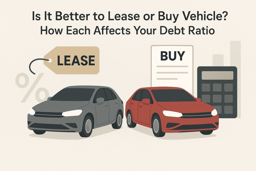 Two cars pictured side by side, labeled "Lease" and "Buy," with a calculator, document, and percentage sign, visually explore the question: is it better to lease or buy a vehicle, highlighting financing options and debt impact.