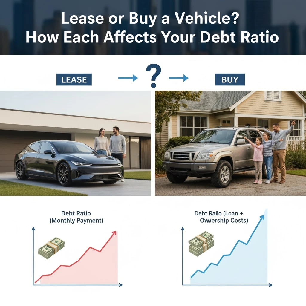 Split image compares leasing and buying a car, answering "is it better to lease or buy a vehicle" with graphs; leasing shows a slower debt ratio increase than buying, which combines loan and ownership costs.
