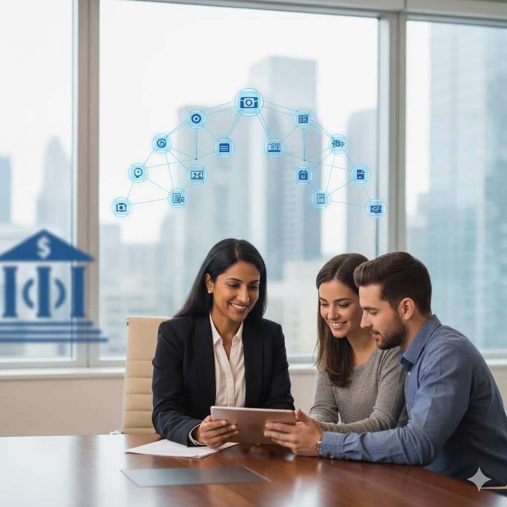A businesswoman shows a tablet to two clients in an office, with financial and digital network icons superimposed above them, highlighting how mortgage-brokers-offer-choice in today’s competitive market.